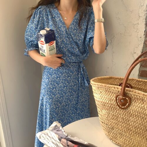 Summer V-Neck Short Sleeves Lace-Up Floral Print Midi Dress - Image 6