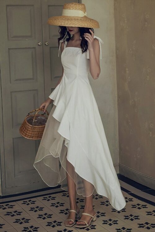 Summer Thin Shoulder Straps Sleeveless Mesh Patchwork Ruffles Asymmetrical Dress - Image 5