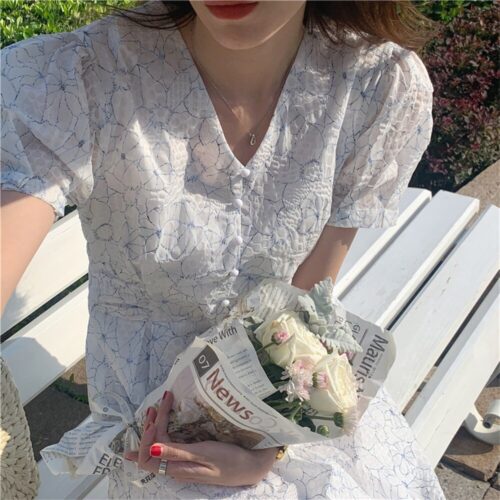 Summer V-Neck Puff Sleeves Floral Print Buttons A-Line Midi Dress - Image 2