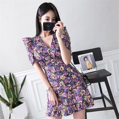 Summer V-Neck Short Sleeves Floral Print Mini Dress - Image 3