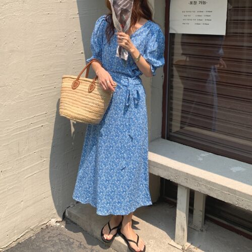 Summer V-Neck Short Sleeves Lace-Up Floral Print Midi Dress - Image 5