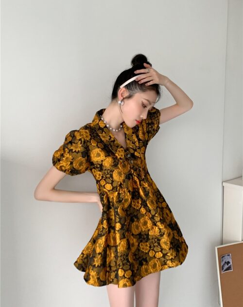 Summer Turn-Down Collar Puff Sleeves Yellow Floral Print Mini Dress