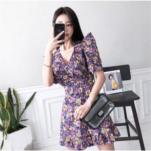 Summer V-Neck Short Sleeves Floral Print Mini Dress