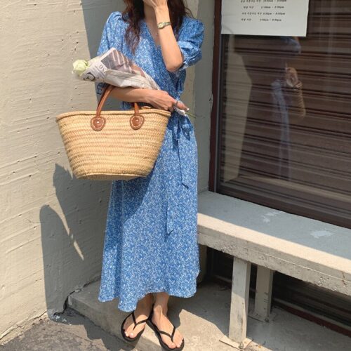 Summer V-Neck Short Sleeves Lace-Up Floral Print Midi Dress - Image 4
