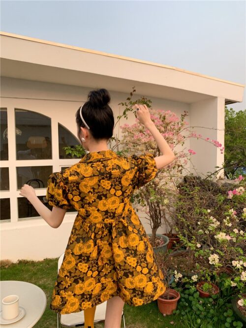 Summer Turn-Down Collar Puff Sleeves Yellow Floral Print Mini Dress - Image 4