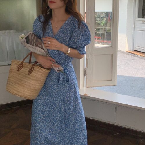 Summer V-Neck Short Sleeves Lace-Up Floral Print Midi Dress - Image 3