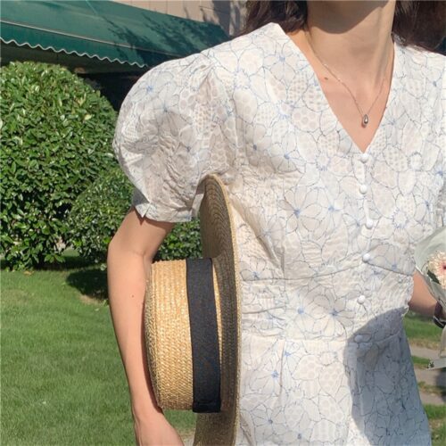 Summer V-Neck Puff Sleeves Floral Print Buttons A-Line Midi Dress - Image 3