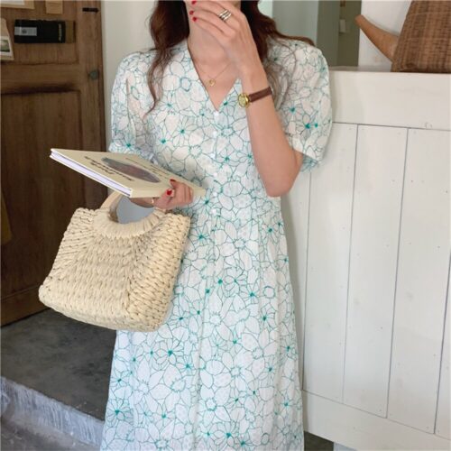 Summer V-Neck Puff Sleeves Floral Print Buttons A-Line Midi Dress - Image 4