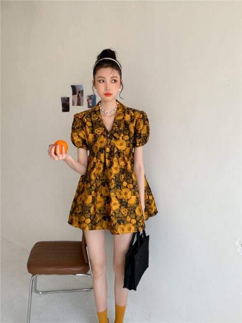 Summer Turn-Down Collar Puff Sleeves Yellow Floral Print Mini Dress - Image 2
