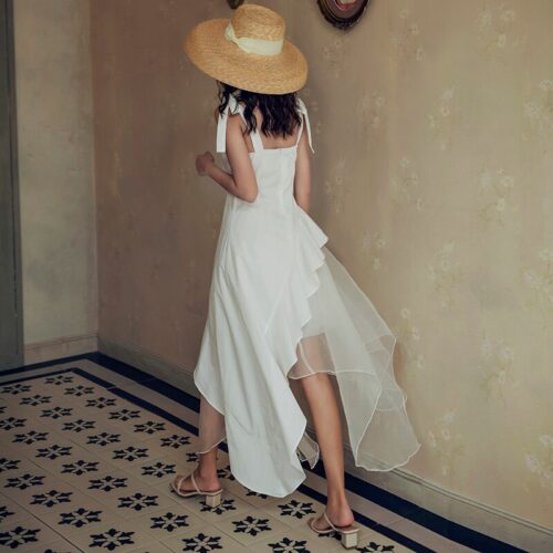 Summer Thin Shoulder Straps Sleeveless Mesh Patchwork Ruffles Asymmetrical Dress - Image 6