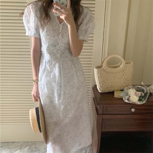 Summer V-Neck Puff Sleeves Floral Print Buttons A-Line Midi Dress