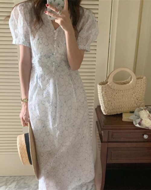 Summer V-Neck Puff Sleeves Floral Print Buttons A-Line Midi Dress