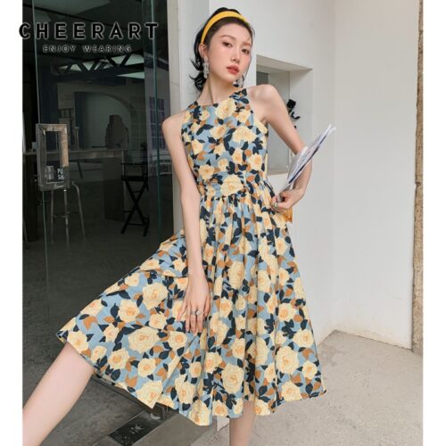 Sleeveless Cotton Linen Open Back Floral Print A-Line Midi Dress