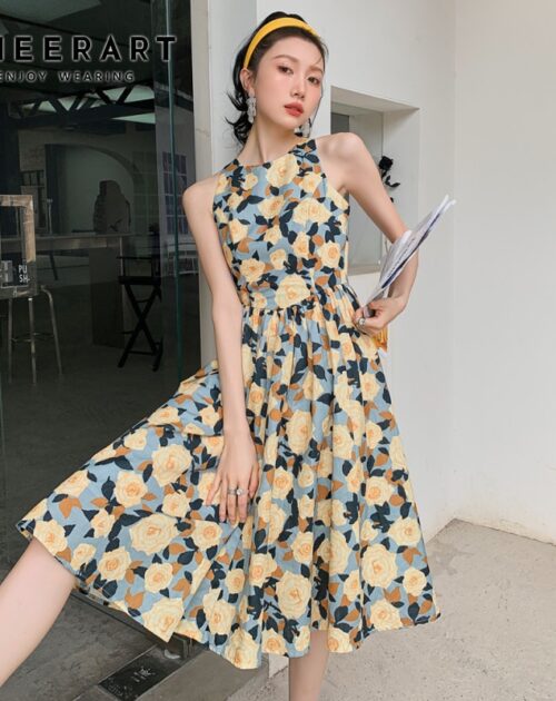 Sleeveless Cotton Linen Open Back Floral Print A-Line Midi Dress