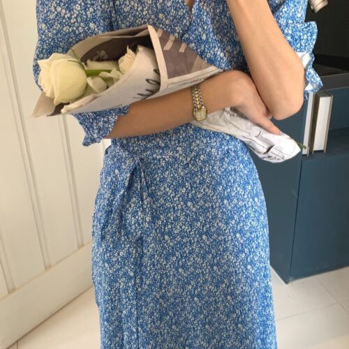 Summer V-Neck Short Sleeves Lace-Up Floral Print Midi Dress - Image 2