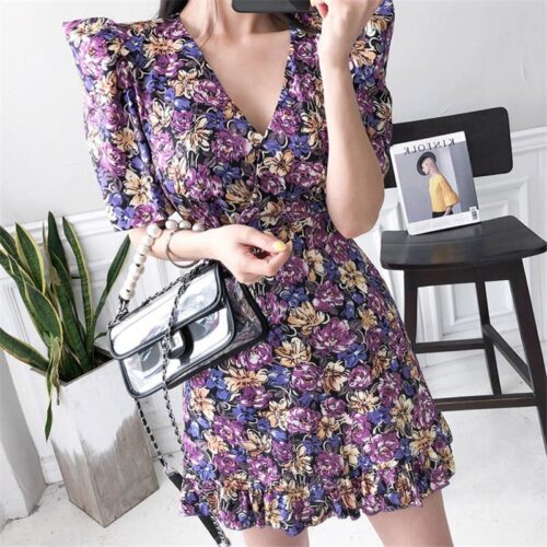 Summer V-Neck Short Sleeves Floral Print Mini Dress - Image 4