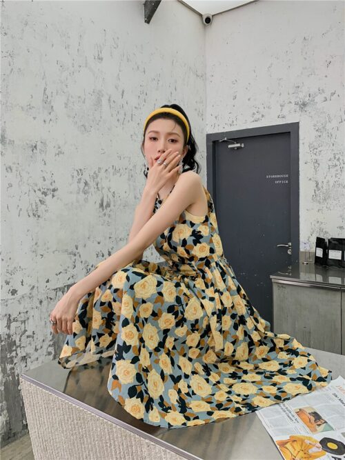 Summer Korean Sleeveless Cotton Linen Open Back Floral Print A-Line Midi Dress - Image 5