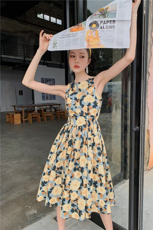 Summer Korean Sleeveless Cotton Linen Open Back Floral Print A-Line Midi Dress - Image 4