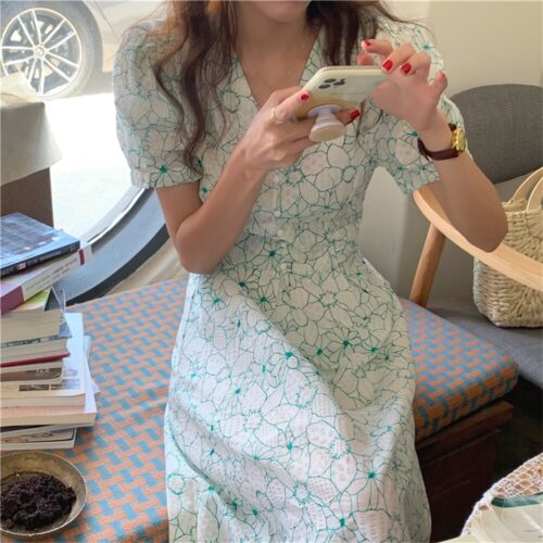 Summer V-Neck Puff Sleeves Floral Print Buttons A-Line Midi Dress - Image 5