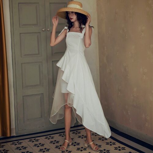 Summer Thin Shoulder Straps Sleeveless Mesh Patchwork Ruffles Asymmetrical Dress - Image 4