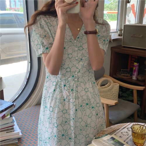 Summer V-Neck Puff Sleeves Floral Print Buttons A-Line Midi Dress - Image 6
