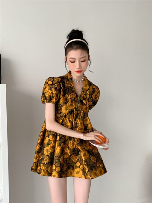 Summer Turn-Down Collar Puff Sleeves Yellow Floral Print Mini Dress - Image 3
