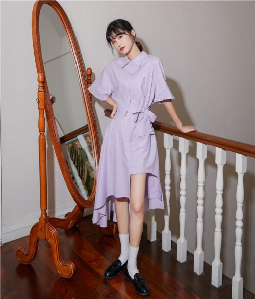 Summer Korean Turn-Down Collar Short Sleeves Buttons Lace-Up Asymmetrical Long Shirt Dress - Image 2