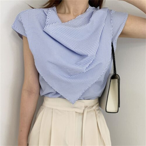 Summer O-Neck Sleeveless Striped Irregular Blouse - Image 5