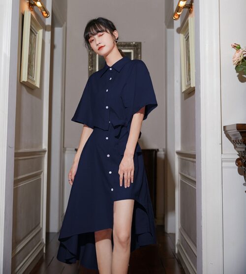 Summer Korean Turn-Down Collar Short Sleeves Buttons Lace-Up Asymmetrical Long Shirt Dress - Image 4