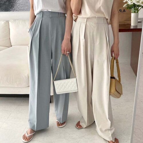 Summer Korean High Waist Loose Folds Wide Leg Solid Suit Pants - Image 2