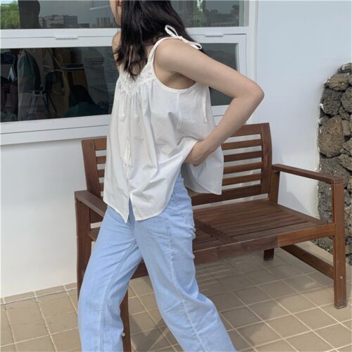 Summer Thin Shoulder Straps Sleeveless Hollow Out Buttons Loose Spaghetti Top - Image 5