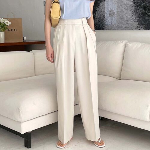 Summer Korean High Waist Loose Folds Wide Leg Solid Suit Pants - Image 3