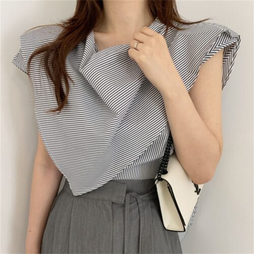 Summer O-Neck Sleeveless Striped Irregular Blouse - Image 6