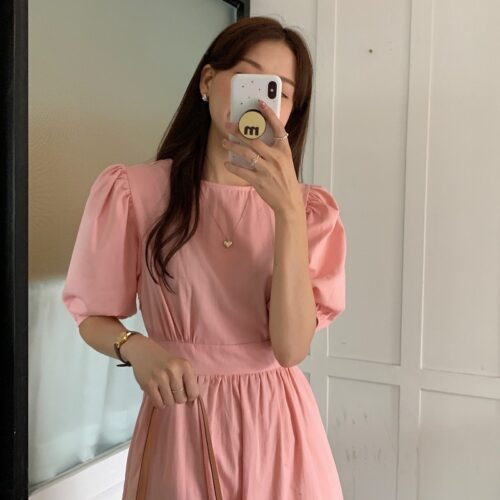 Summer O-Neck Short Sleeves Elastic-Waist Calf Length Solid Dress - Image 9