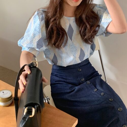 Summer O-Neck Puff Sleeves Loose Geometric Blue Blouse - Image 3
