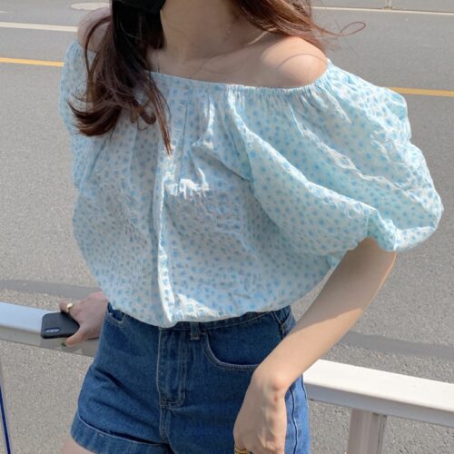 Summer Off-Shoulder Short Sleeves Abstract Print Loose Blouse