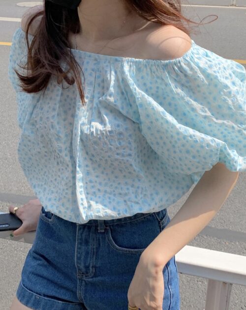 Summer Off-Shoulder Short Sleeves Abstract Print Loose Blouse