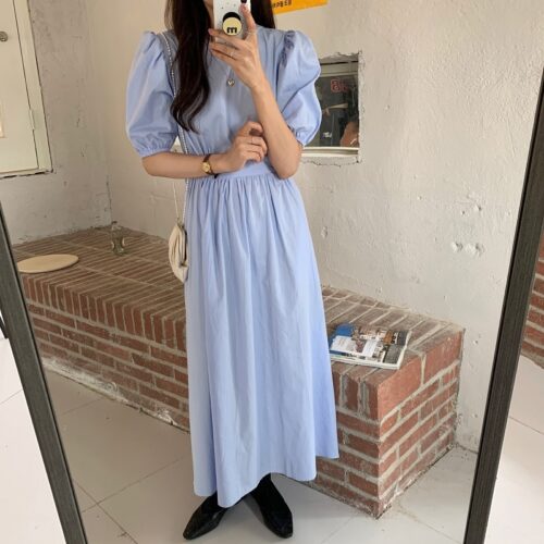 Summer O-Neck Short Sleeves Elastic-Waist Calf Length Solid Dress - Image 7
