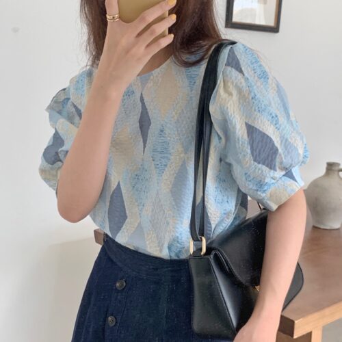 Puff Sleeves Loose Geometric Blue Blouse