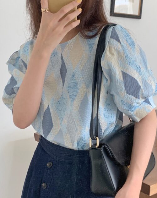Puff Sleeves Loose Geometric Blue Blouse