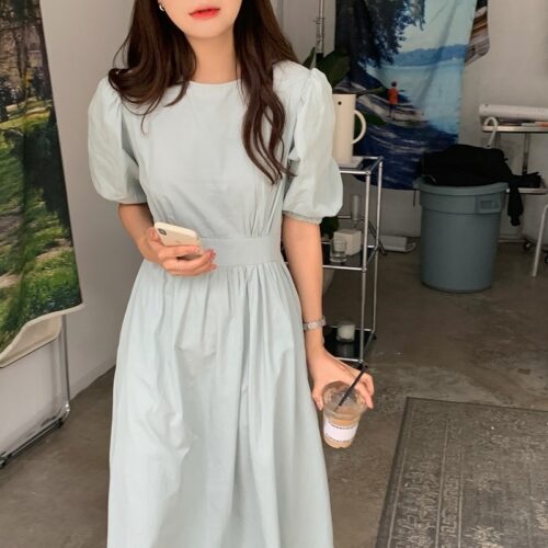Summer O-Neck Short Sleeves Elastic-Waist Calf Length Solid Dress - Image 6