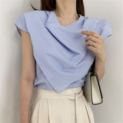 Summer O-Neck Sleeveless Striped Irregular Blouse - Image 4
