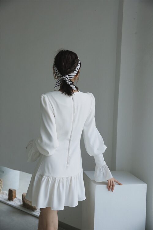 Spring Korean Deep V-Neck Long Flare Sleeves White Mini Dress - Image 5