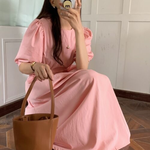 Summer O-Neck Short Sleeves Elastic-Waist Calf Length Solid Dress - Image 2