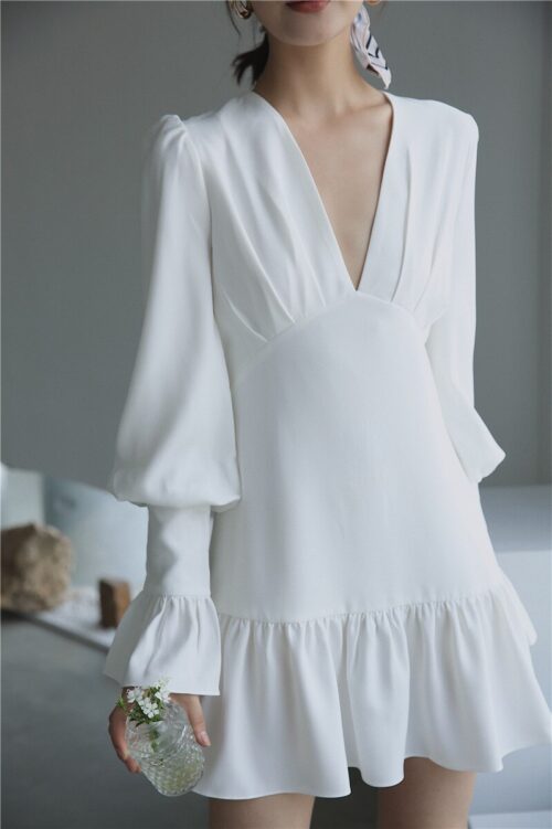 Spring Korean Deep V-Neck Long Flare Sleeves White Mini Dress - Image 4