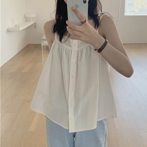 Summer Thin Shoulder Straps Sleeveless Hollow Out Buttons Loose Spaghetti Top