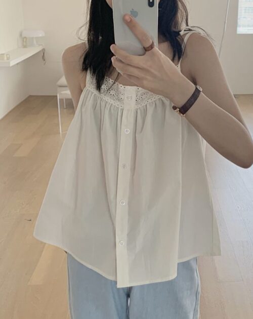 Summer Thin Shoulder Straps Sleeveless Hollow Out Buttons Loose Spaghetti Top