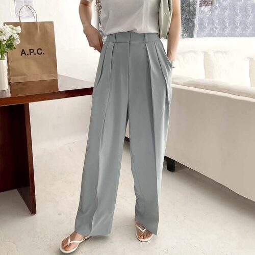 Summer Korean High Waist Loose Folds Wide Leg Solid Suit Pants