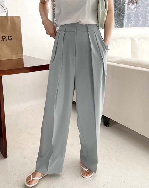 Summer Korean High Waist Loose Folds Wide Leg Solid Suit Pants