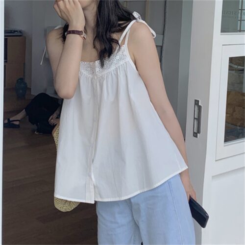 Summer Thin Shoulder Straps Sleeveless Hollow Out Buttons Loose Spaghetti Top - Image 3